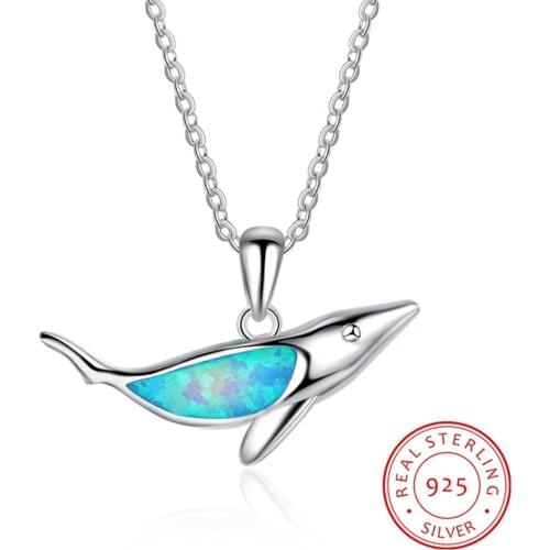 Genuine 925 Sterling Silver Fine Jewelry Blue Opal Little Whale Pendant Necklaces For Women Anniversary Silver 925 Jewelry
