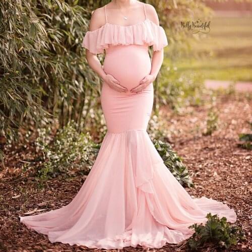 Womens Lace Maternity Dresses Photography Trailing Ruffle Sleeve One-piece Long Dress Fashion Pregnancy Dress Photo Shoot Pink