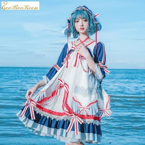 Adult Spring/Summer Chinese Hanfu Navy Cosplay Dress Bow Cross Sling Anime Japanese Sweet Lolita Dress Blue Dress For Women