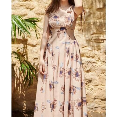 Ladies Sunflower Print Bowknot Shoulder Strap Midi Dress