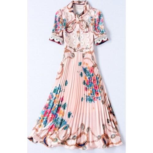 Womens European and American dress 2021 summer new styles Short sleeve bow collar lace flower print Fashionable pleated dress