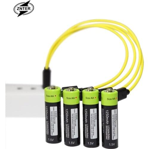 ZNTER 4pcs USB Rechargeable Battery Universal AA 1.5V 1250mAh Lithium Polymer Batteries Charged by Micro USB Cable