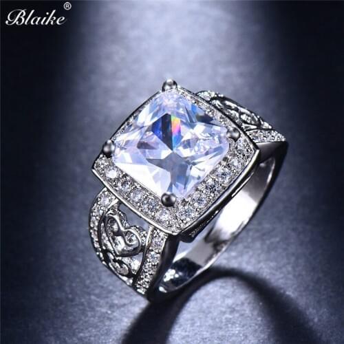 Blaike Luxury White/Purple/Pink/Green Square Zircon Rings For Women Heart Hollow Silver Color Engagement Jewelry