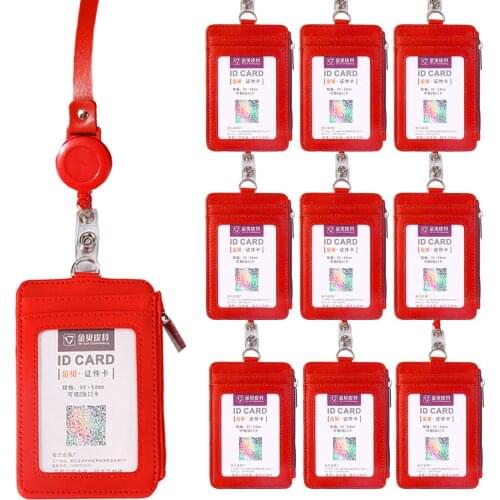 10pcs Multi-functional PU Leather Badge Holder ID Badge Card Protector Case Cover Wallet with 5 Card Slots Zipper Pocket Red