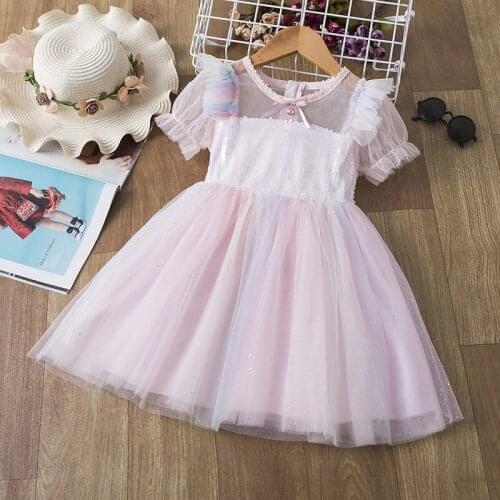 2021 Summer Children Girls Dress Rainbow Girls Mesh Dresses Princess Teenage Cute Dress Daily Kids Dresses