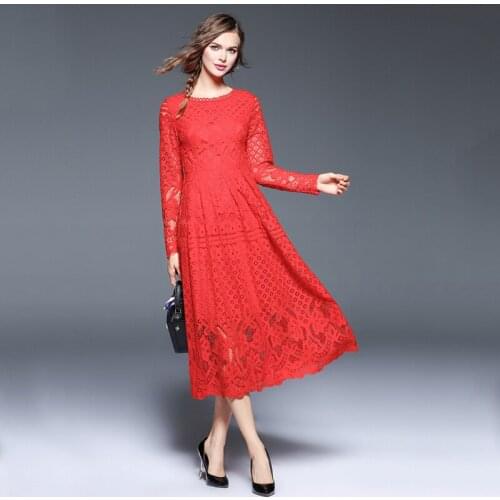 3XL Elegant Red Hollow Out Floral Lace Women Dress Plus Size Long Sleeves A-Line Mid Summer Party Dresses vestidos verano 2017