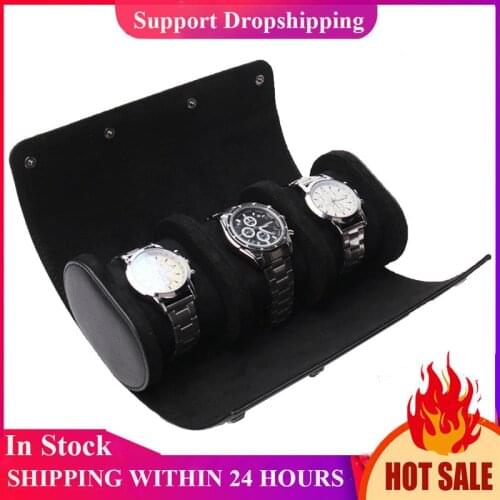 1Pc 3 Slot Watch Roll Display Box Retro PU Leather Travel Watch Case Wrist Jewelry Storage Pouch Organizer Gift Black Color Gift