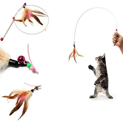 Feather Rod Play Pet Wand Teasing with Colored BeadsFunny Feather Spring Kitten Cat Toy Interactive Interactive Cat Toy Dropship