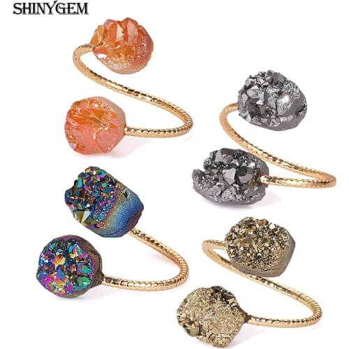 ShinyGem Vintage Natural Irregular Sparkly Double Druzy Stone Ring Gold Plating Adjustable Sizs For Women Wholesale Jewelry 5pcs