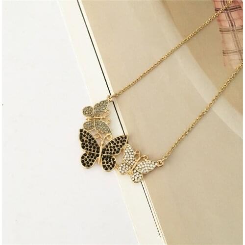 Pretty Gold Color Plating Three Butterfly Black Clear Stone Decorated Pendant Necklace For Women Girl Elegant Gorgeous Jewelry