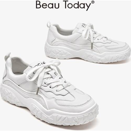 White Sneakers Women Synthetic Leather Lace Up Round Toe Casual Shoes Chunky Sole Ladies Flats Trainers Handmade BeauToday 29556