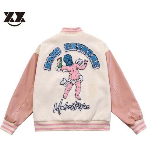 Harajuku Hip Hop Varsity Jacket Men Women Furry Letter Funny Alien Embroidery Patchwork Baseball Coats Casual Couples Jackets