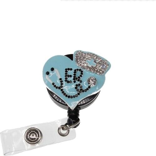 Medical ER Heart Shape Blue Enamel Rhinestone Stethoscope with Hat Retractable Reel/Id Badge Holder