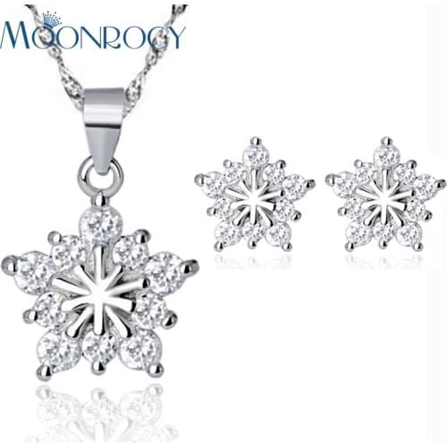 MOONROCY Drop Shipping Fashion Cubic Zirconia Silver Color Snow Flower Crystal Necklace and Earrings Jewelry Set Gift for Women