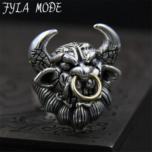 FYLA MODE The Journey To The West style Bull Demon King Ring For Men Punk Classic S925 Sterling Silver Jewelry 29MM 26G PBG061