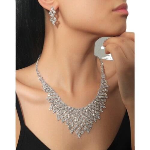 Exaggerated Luxury Shining Crystal Jewelry Sets Sparkling Geometric Full Rhinestone Necklace & Earrings Wedding Party Jewelry