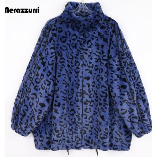 Nerazzurri Winter Oversized Leopard Print Warm Faux Fur Coat Women Long Sleeve Zip Up Casual Loose Fluffy Jacket Korean Fashion