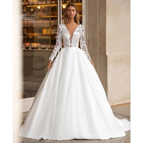 2021 New White A-Line Wedding Dresses African Bridal Gown Lace Top Deep V-Neck Satin Long Sleeve Plus Size