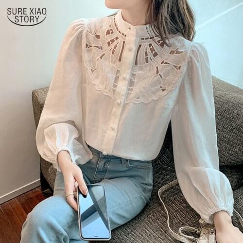 Romantic Lantern Sleeve White Shirt Autumn Exquisite Crochet Hollow Blouse Elegant Stand Collar Long Sleeve Chiffon Shirts 16991