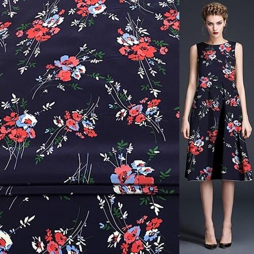 Pure silk Crepe DE chine fabric floral print on navy blue background,SCDC975