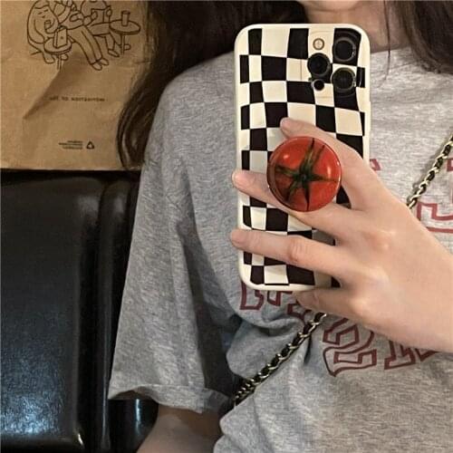 Cute 3D Fruit Tomato Bracket Phone Case for Iphone 11 12 Pro MAX XS XR 7 X 8Plus Funny Checkered Grip Cover Shockproof Fundas