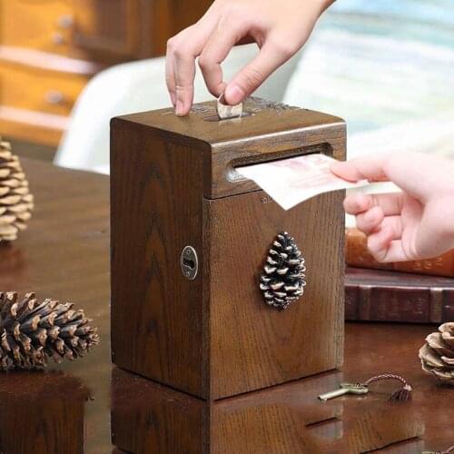 Vintage Acorn Pinecone Solid wood piggy bank adult banknotes Money boxes Storage Box Christmas Birthday Gift with lock