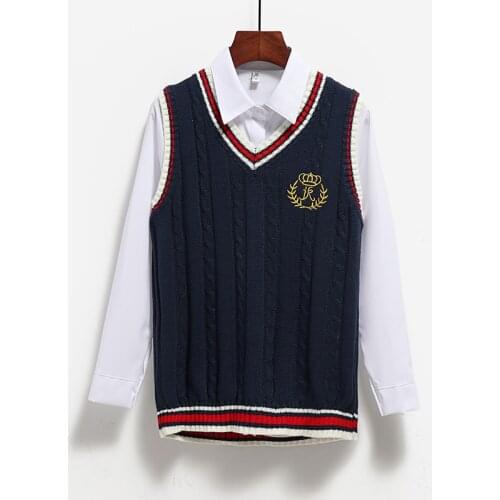 Spring Autumn Women JK Knit Sweater Vest Pullover V-necked Sleeveless Jumper Outwear Fall Winter Clothing Female College Style