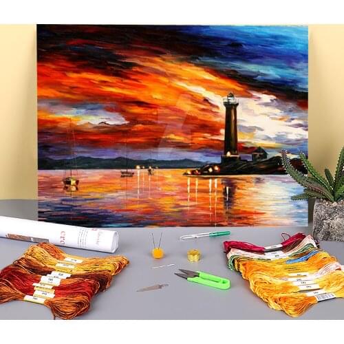 Evening By The Lighthouse Pre-Printed 11CT Cross-Stitch Embroidery Complete Kit DMC Threads Craft Hobby Painting Needle