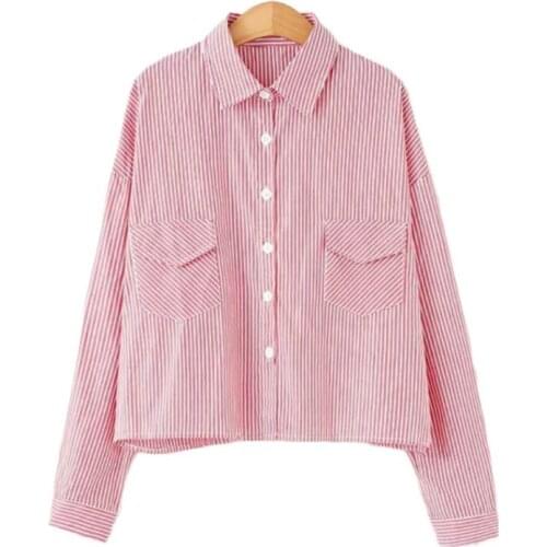 XUANHAO Cotton Womens Striped Single Breasted Blouses 2020 Autumn Long Sleeve Turndown Collar Pockets Basic Blouses