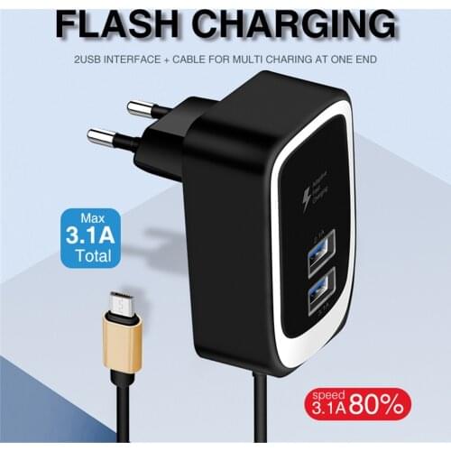 2.4A USB LED Mobile Phone Charger With MICRO Cable Travel Charger With Illuminated Chargin 2-port USB fast charge chargerg Head