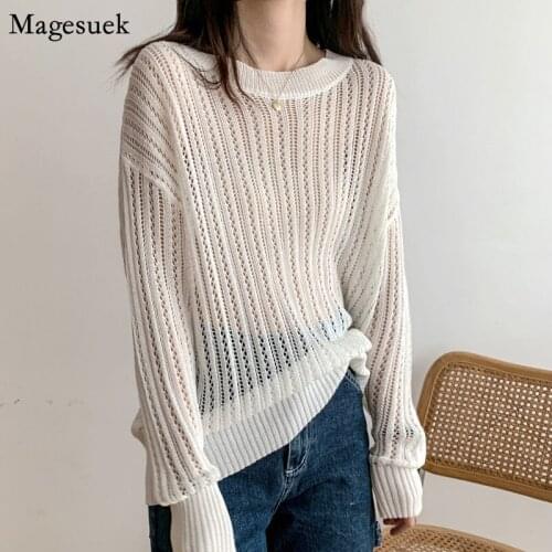 Autumn New Women Retro Thin Loose Lady Tops Chic White Blouse Women Korean Hollow Out Sunscreen Sweater Long Sleeve Shirt 15723