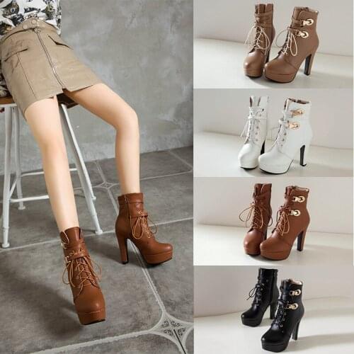 YMECHIC Retro Cross-tied Buckle Ankle Boots for Womens Side Zipper 2021 Winter Short Plush Inside Party Goth Girl Shoes Size 45