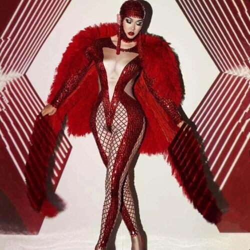 Women Singer Dancer Stage Concert Performance Costume Red Cape Coat Rhinestones Sequins Jumpsuit Outfit Nightclub Show Clothes
