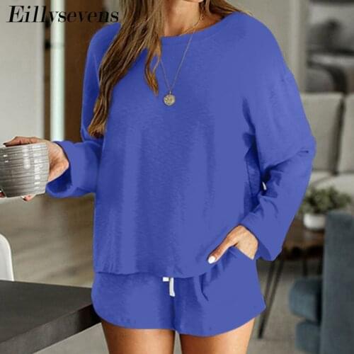 2020 Summer Solid Color Short Two Piece Set Top And Shorts Set Crewneck Women Set Casual 2 Piece Short Sets Pajamas Outfits