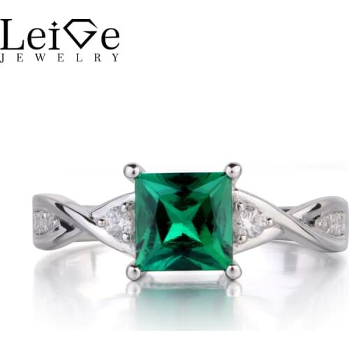 Leige Jewelry Princess Cut Emerald Engagement Rings for Women Sterling Silver 925 Fine Jewelry Green Gemstone Wedding Ring