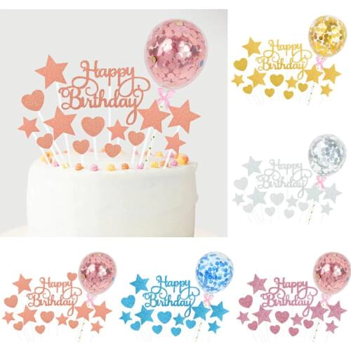 15pcs Glitter Happy Birthday Heart Star Cake Topper Set Balloon Cake Decor Supplies for Kids Birthday Party Baby Shower Decor