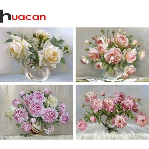 Huacan Diamond Painting 5D Peony Rose Diamond Embroidery Vase Mosaic Cross Stitch Flower Hobby And Needlework Home Decor