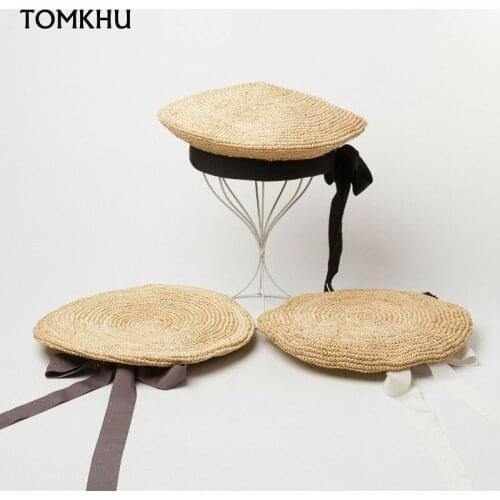 2021 New Spring Summer Handmade Nature Raffia Beret Hat For Women Bow Ribbon Casual Painter Hat Sun Hat Boinas Para Mujer Boin
