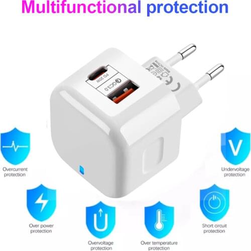 2 Ports Quick Charge QC3.0 USB-C Fast Charging Mini Travel Wall Charger Power Adapter PD 20W Type C Charger For iPhone 12Pro Max