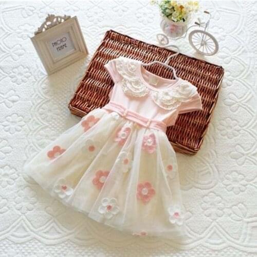 Clearance cute baby girls lace Floral princess dress with belt pearl meninas Children costume pink 2-6y toddler kids dress