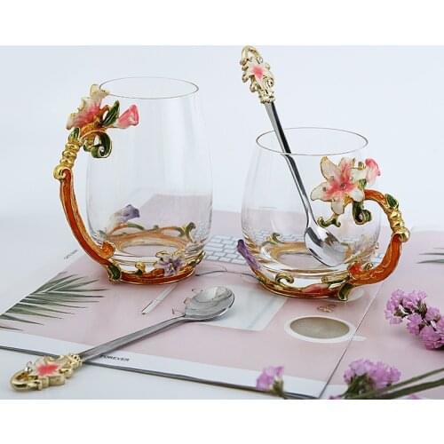 Lily Enamel Water Cup Heat-resistant Glass European Royal Gift Couple Drinking Copas De Cristal De Colores