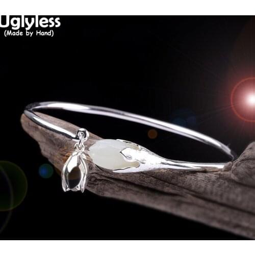 Uglyless Classic Magnolia Jewelry Sets for Women Hetian Jade Flowers Bangles Earrings Pendants Necklaces NO Chains 925 Silver