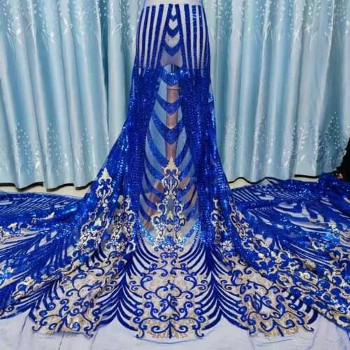Blue Sequins Lace Fabric 5 Yards Nigerian French Lace Fabrics 2021 High Quality Lace Sequined For Wedding Dress Sewing