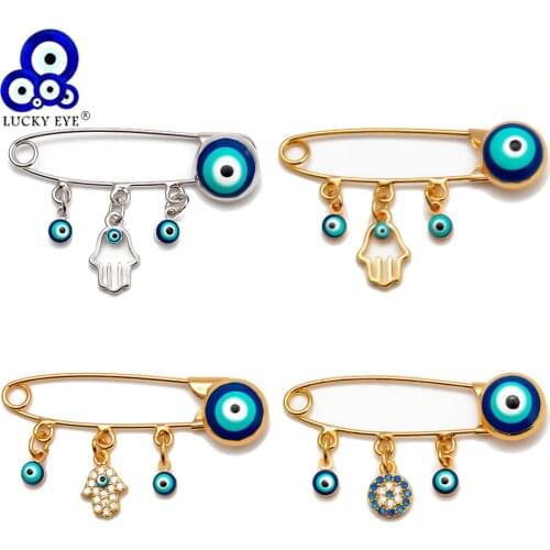 Lucky Eye Hollow Hamsa Hand Evil Eye Brooch Pin Gold Silver Color Micro Pave Hollow Charm Brooch Jewelry for Women Men EY6527