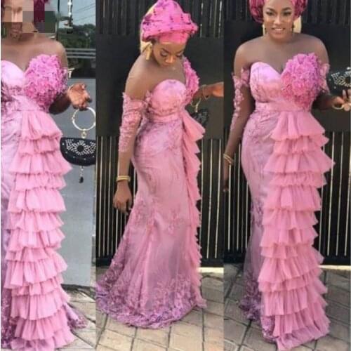 Nigerian Style Pink Mermaid Evening Dress Plus Size Aso Ebi Tiered Tulle Sweetheart Lace Vintage Prom Dresses Gown Abendkleider