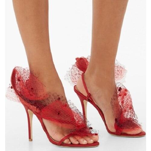 High Heels Sandals Womens Shoes 2021 Summer Thin Heel Banquet Red Wedding Shoes Feather Mesh Hollow Out Gladiator Sandalias