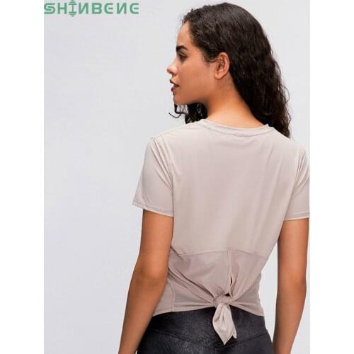 SHINBENE Back Mesh Patchwork Yoga Sport T-shirt Women Loose Fit O-neck Workout Running Tee Tops Fitness Short-Sleeved Shirts