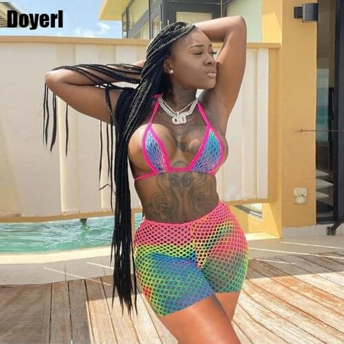 Tie Dye Sexy Two Piece Short Set Bathing Suits for Women Bra Top Hollow Out Fishnet Shorts Set Beach Wear 2 Piece Summer Outfits