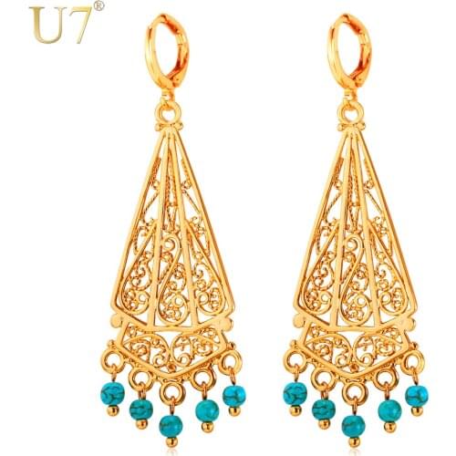 U7 Turkish Jewelry Blue Stone Earrings Wholesale Gold/Silver Color Statement Bohemian Drop Earrings For Women E693