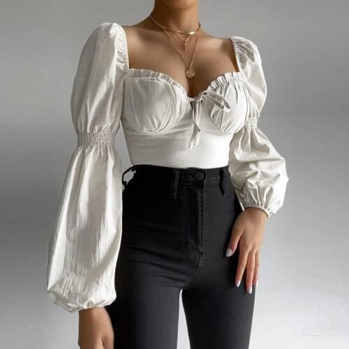 2021 Puff Sleeve Blouses Ruched V Neck Tie up Solid Color Elastic 2 Layers White Crop Top Women Sweet Pullover Slim Fit Blous